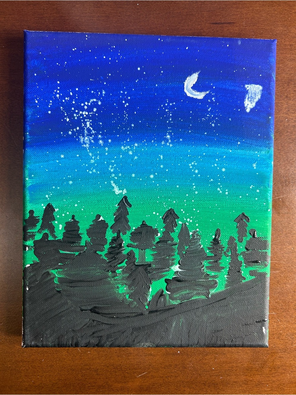 Hand-Painted Forest Night Canvas Art - Blue & Green